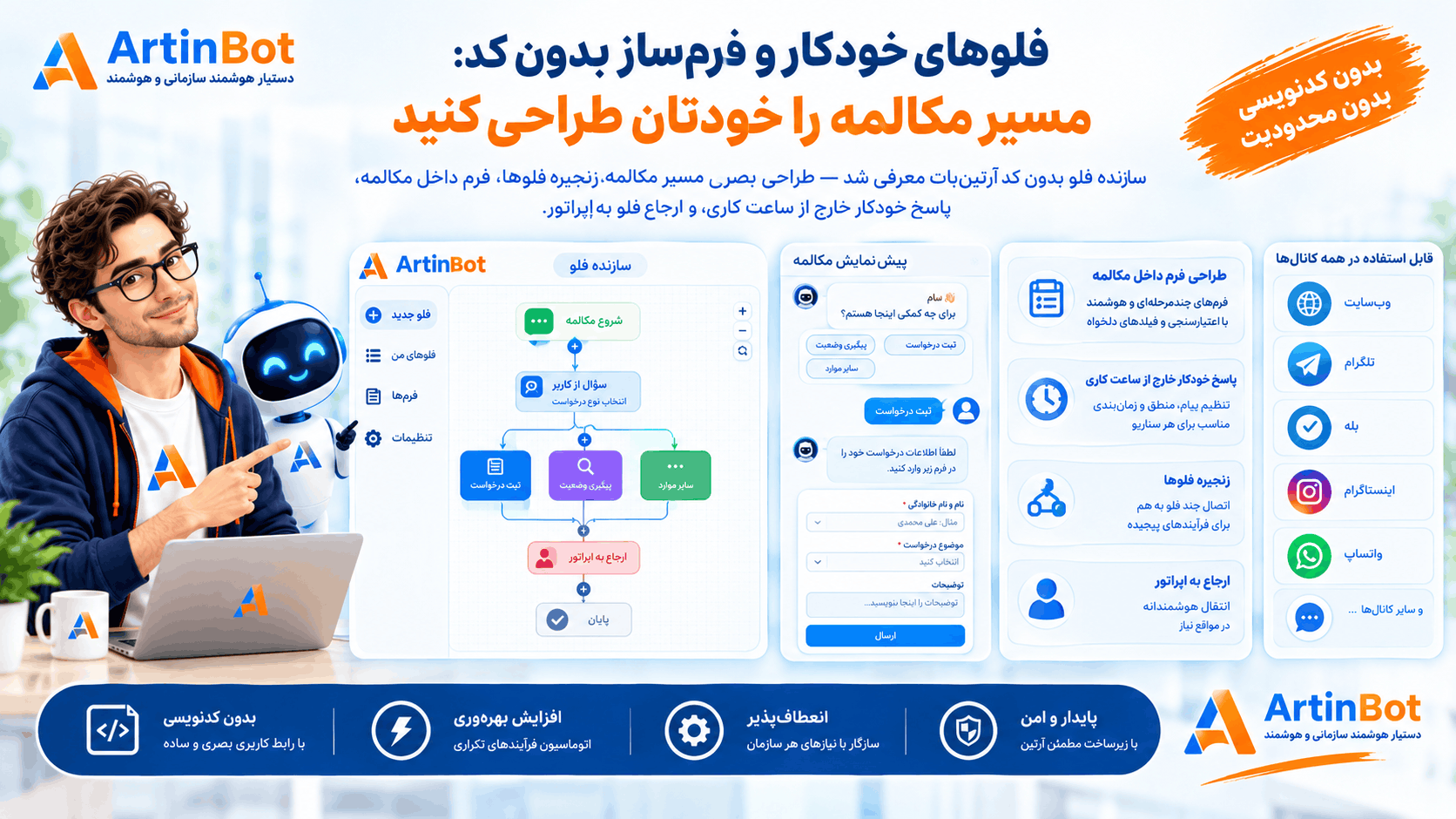 سازنده فلو بدون کد و فرم داخل چت آرتین‌بات